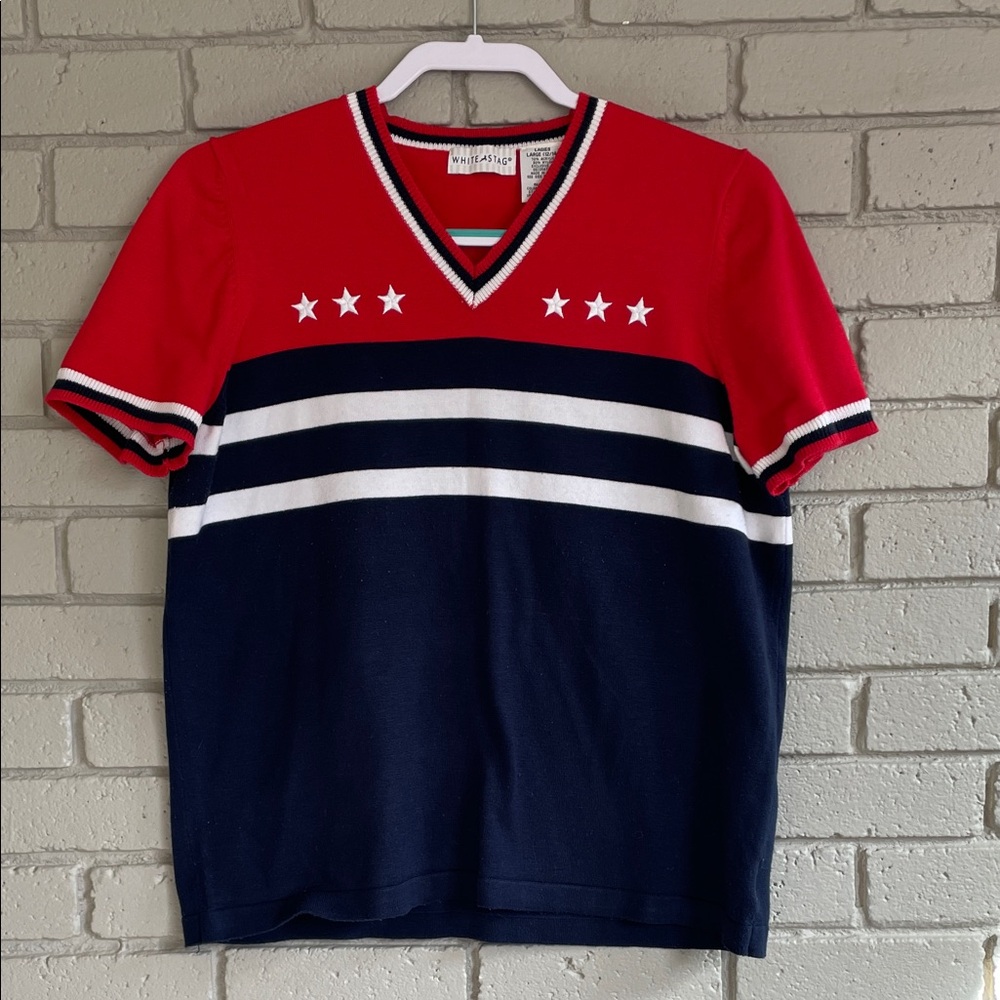 White Stag Red, White, and Blue Patriotic Star Short Sleeve Sweater Top